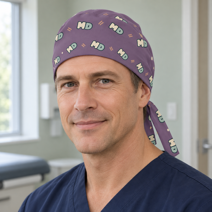 MD Regular Scrub Cap — Front worn view showing the printed regular scrub cap and fitted front edge.