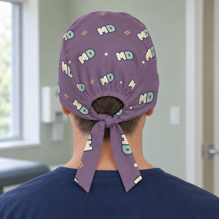 MD Regular Scrub Cap — Rear worn view showing the regular scrub cap with gathered opening and printed self-fabric ties.