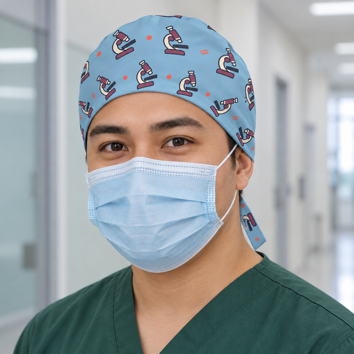 Microscope Regular Scrub Cap — Front worn view showing the printed regular scrub cap and fitted front edge.