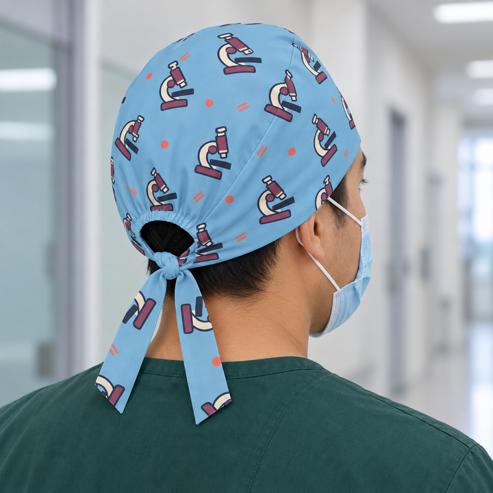Microscope Regular Scrub Cap — Rear worn view showing the regular scrub cap with gathered opening and printed self-fabric ties.