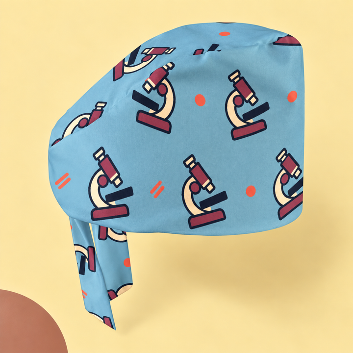 Microscope Regular Scrub Cap — Studio view of the printed regular scrub cap on a coordinated background.