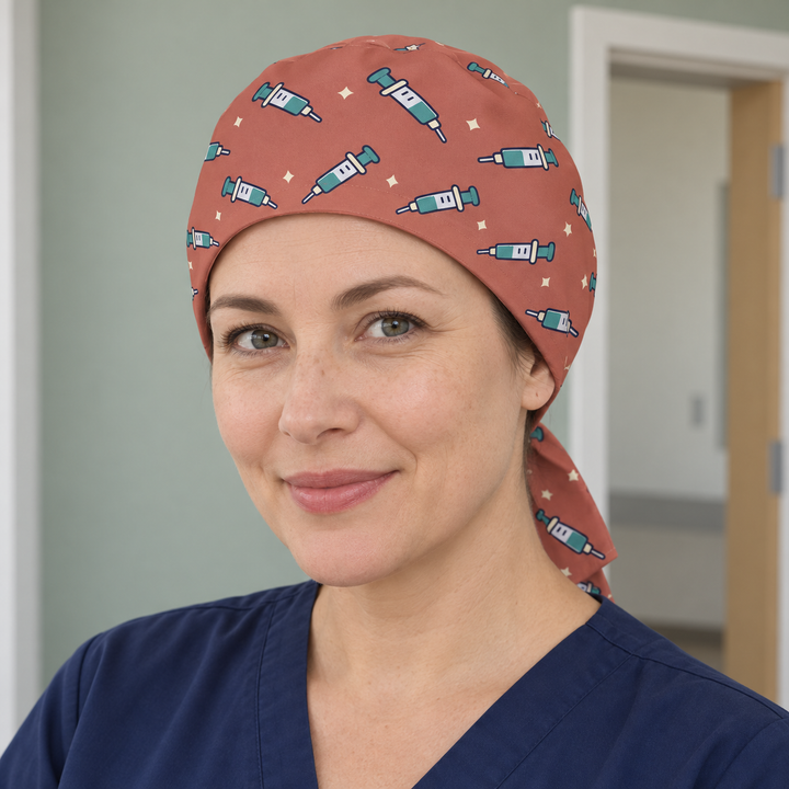 Needle Regular Scrub Cap — Front worn view showing the printed regular scrub cap and fitted front edge.