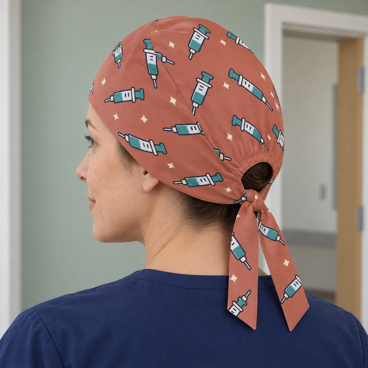 Needle Regular Scrub Cap — Rear worn view showing the regular scrub cap with gathered opening and printed self-fabric ties.