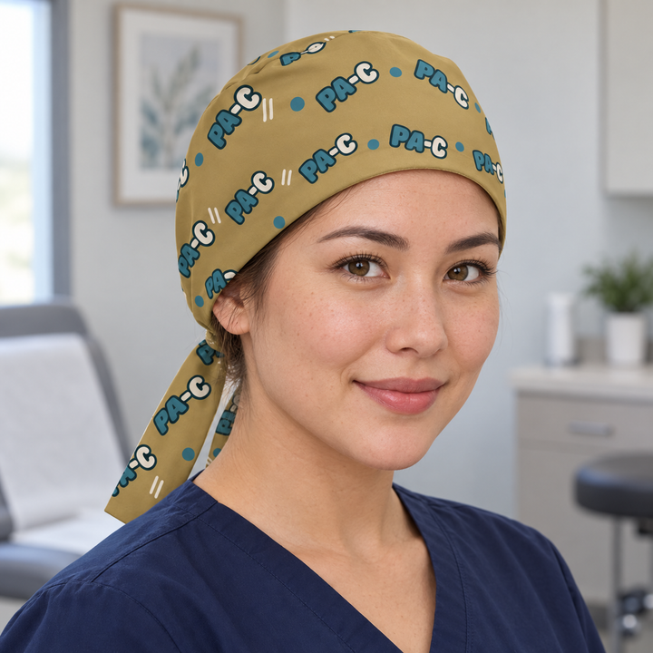 PA-C Regular Scrub Cap — Front worn view showing the printed regular scrub cap and fitted front edge.
