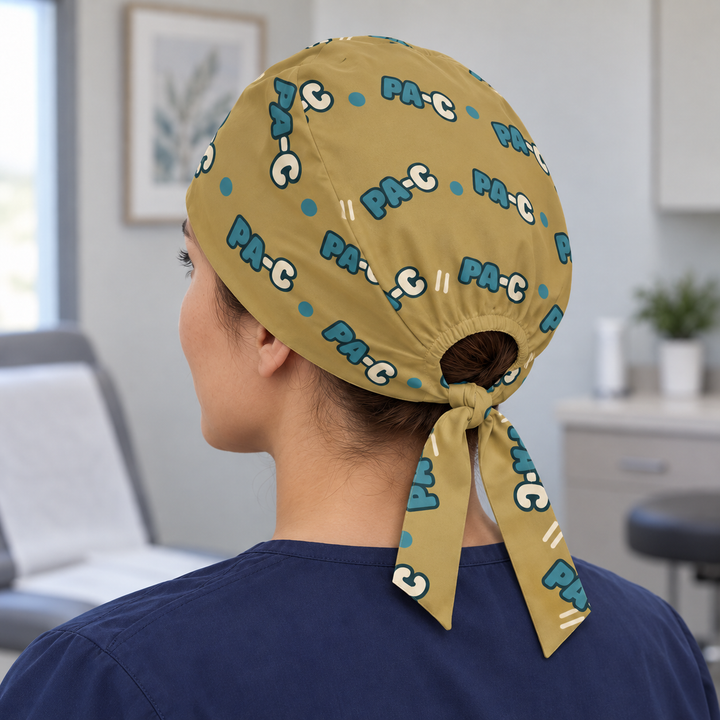 PA-C Regular Scrub Cap — Rear worn view showing the regular scrub cap with gathered opening and printed self-fabric ties.