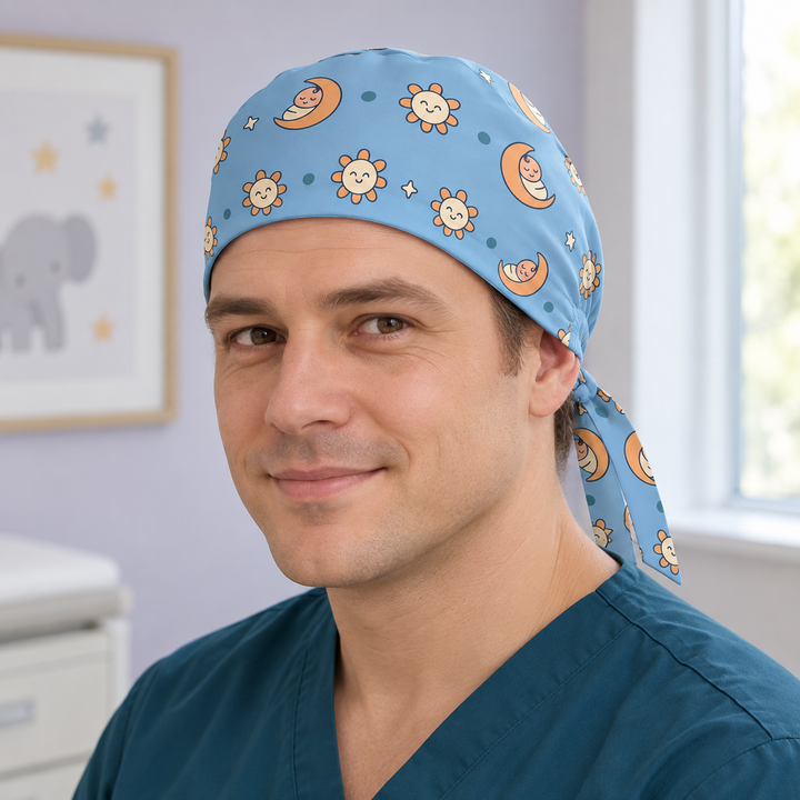 Pediatric Regular Scrub Cap — Front worn view showing the printed regular scrub cap and fitted front edge.