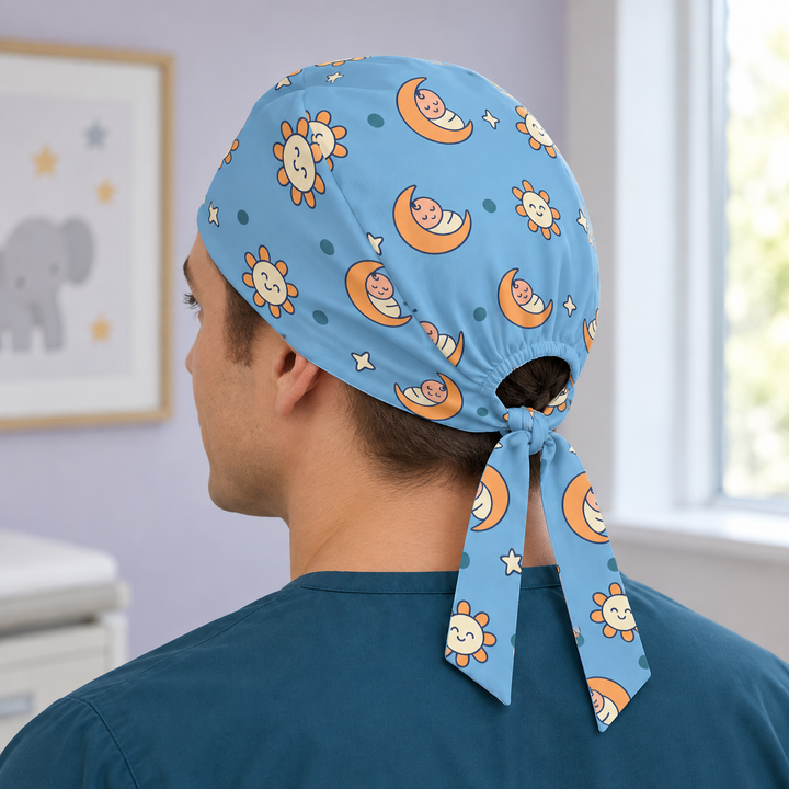 Pediatric Regular Scrub Cap — Rear worn view showing the regular scrub cap with gathered opening and printed self-fabric ties.