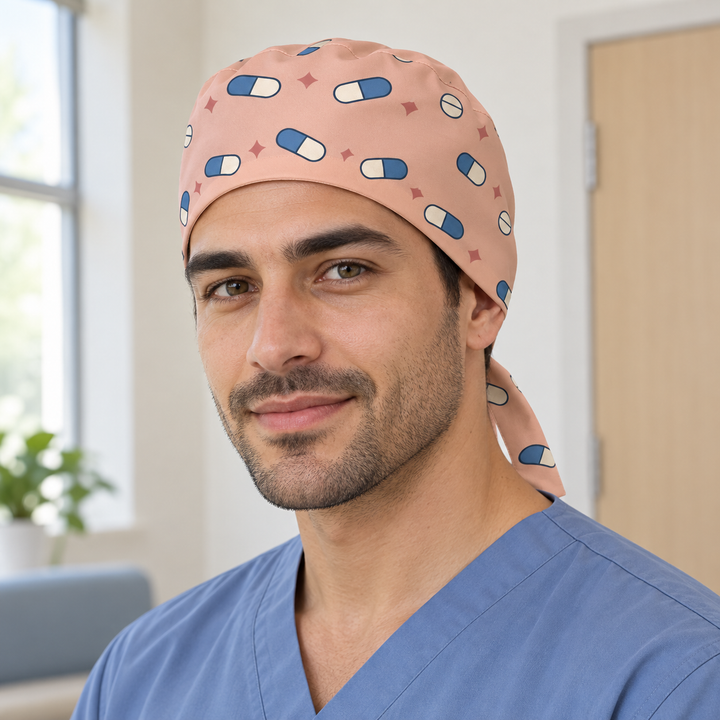 Pill Regular Scrub Cap — Front worn view showing the printed regular scrub cap and fitted front edge.