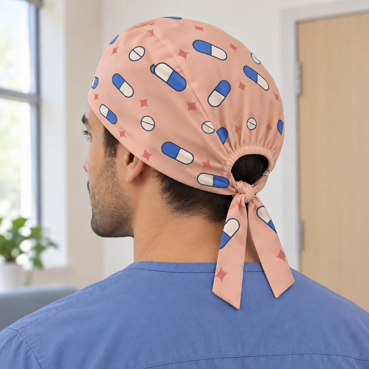 Pill Regular Scrub Cap — Rear worn view showing the regular scrub cap with gathered opening and printed self-fabric ties.