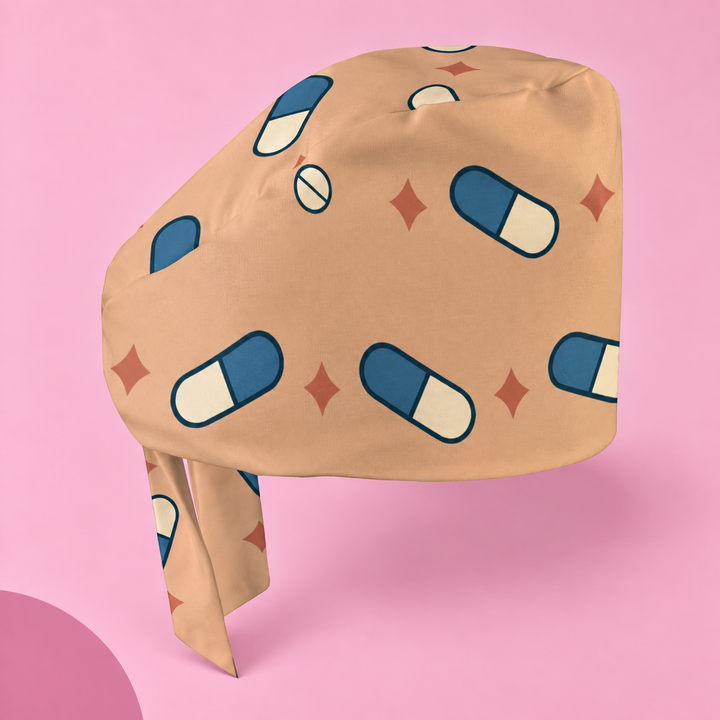 Pill Regular Scrub Cap — Studio view of the printed regular scrub cap on a coordinated background.