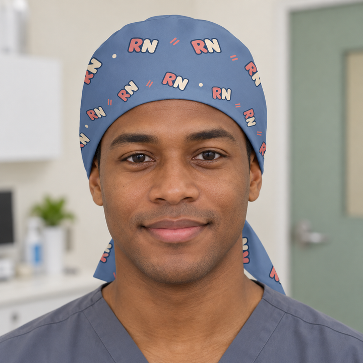 RN Regular Scrub Cap — Front worn view showing the printed regular scrub cap and fitted front edge.