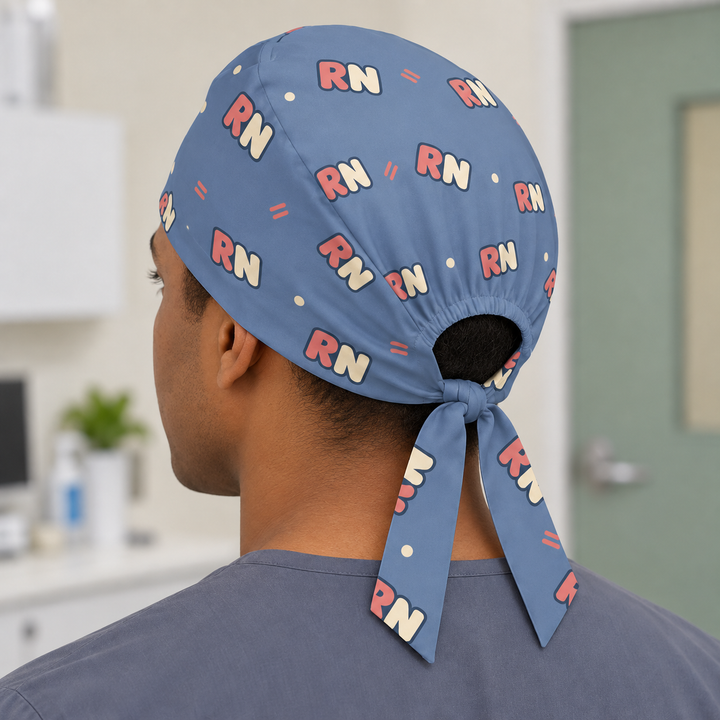 RN Regular Scrub Cap — Rear worn view showing the regular scrub cap with gathered opening and printed self-fabric ties.
