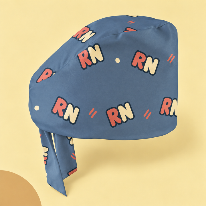 RN Regular Scrub Cap — Studio view of the printed regular scrub cap on a coordinated background.