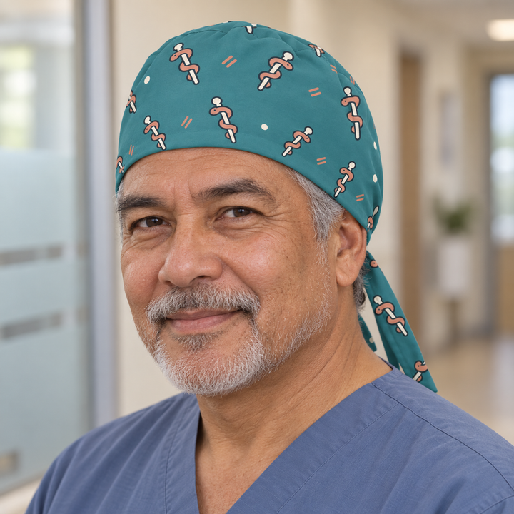 Rod of Asclepius Regular Scrub Cap — Front worn view showing the printed regular scrub cap and fitted front edge.