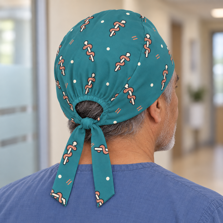 Rod of Asclepius Regular Scrub Cap — Rear worn view showing the regular scrub cap with gathered opening and printed self-fabric ties.