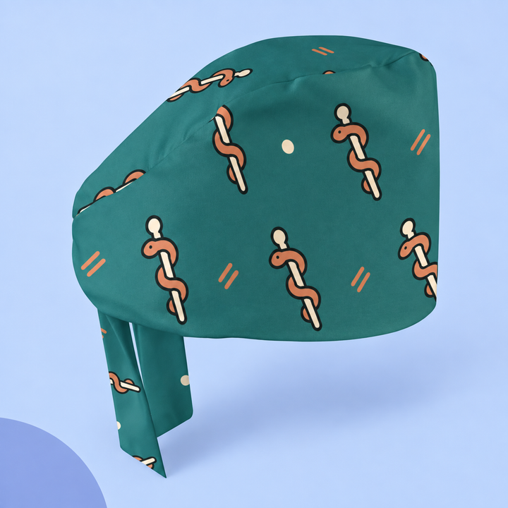 Rod of Asclepius Regular Scrub Cap — Studio view of the printed regular scrub cap on a coordinated background.