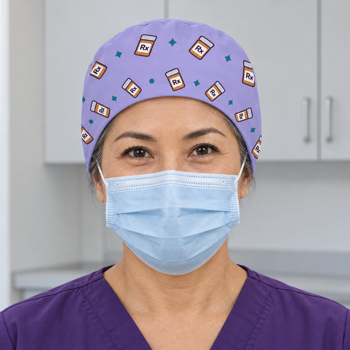 Rx Regular Scrub Cap — Front worn view showing the printed regular scrub cap and fitted front edge.