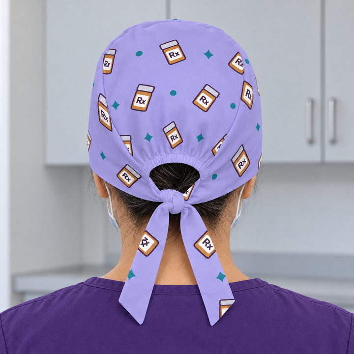 Rx Regular Scrub Cap — Rear worn view showing the regular scrub cap with gathered opening and printed self-fabric ties.