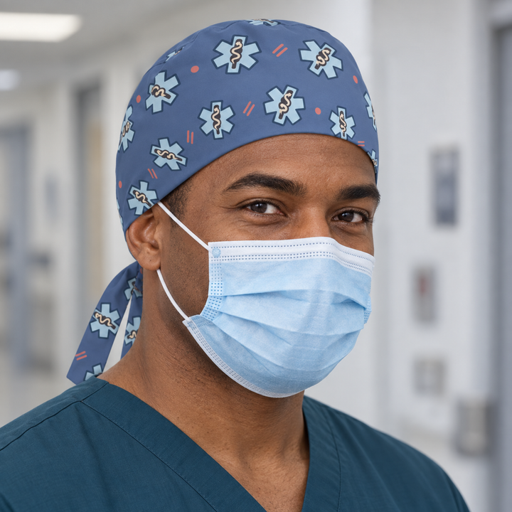 Star of Life Regular Scrub Cap — Front worn view showing the printed regular scrub cap and fitted front edge.