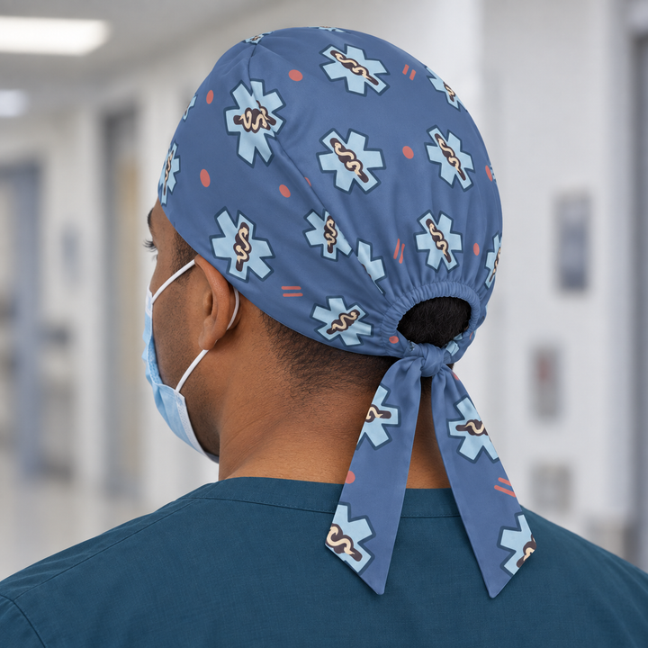 Star of Life Regular Scrub Cap — Rear worn view showing the regular scrub cap with gathered opening and printed self-fabric ties.