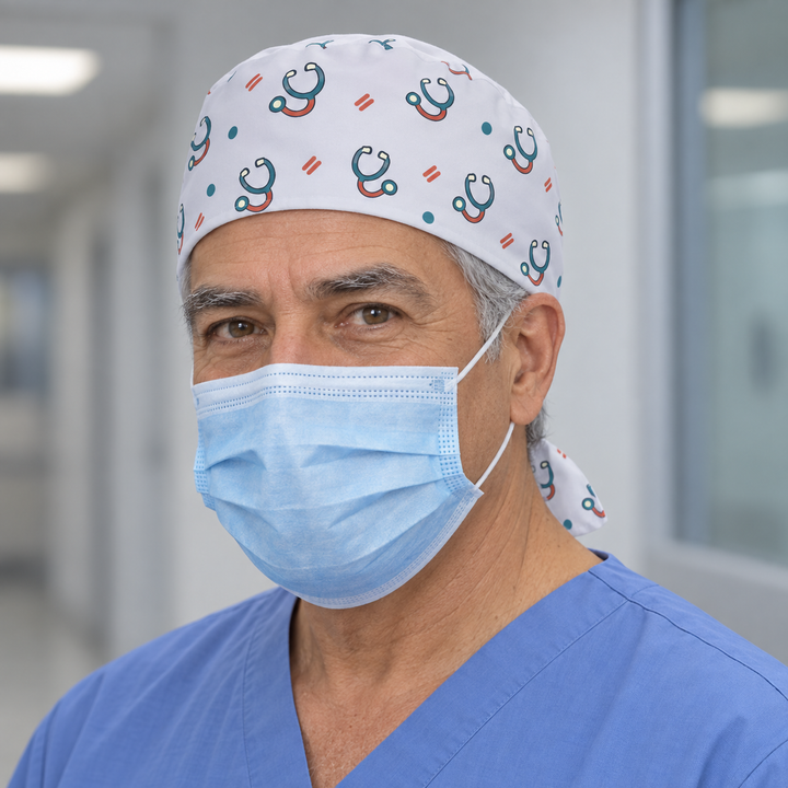 Stethoscope Regular Scrub Cap — Front worn view showing the printed regular scrub cap and fitted front edge.