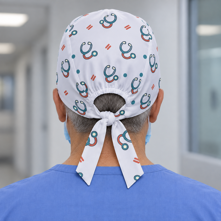 Stethoscope Regular Scrub Cap — Rear worn view showing the regular scrub cap with gathered opening and printed self-fabric ties.