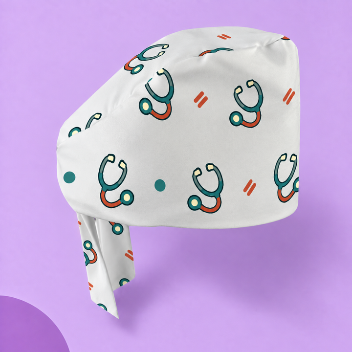 Stethoscope Regular Scrub Cap — Studio view of the printed regular scrub cap on a coordinated background.
