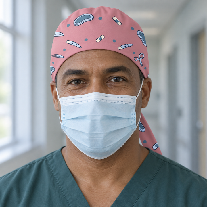 Surgery Regular Scrub Cap — Front worn view showing the printed regular scrub cap and fitted front edge.
