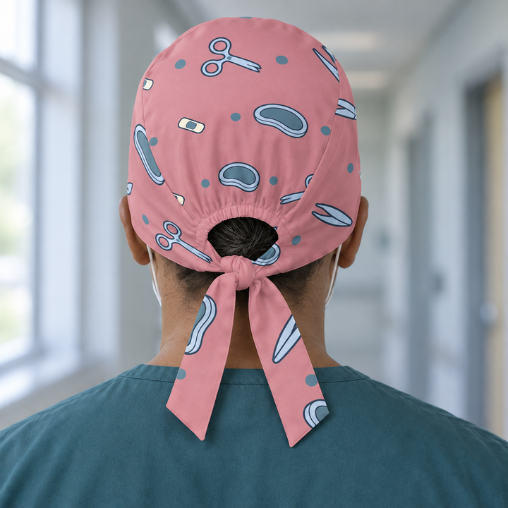 Surgery Regular Scrub Cap — Rear worn view showing the regular scrub cap with gathered opening and printed self-fabric ties.