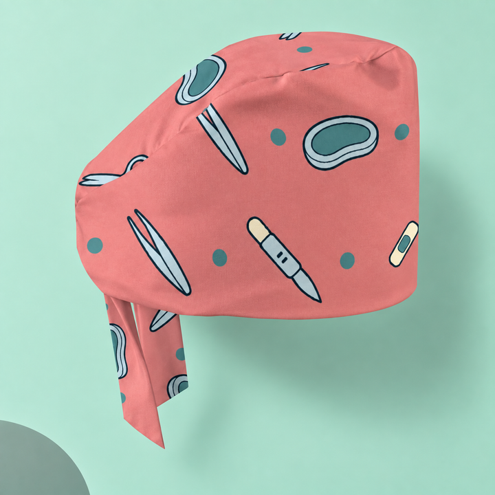 Surgery Regular Scrub Cap — Studio view of the printed regular scrub cap on a coordinated background.