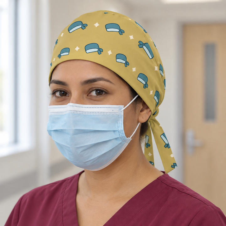 Surgical Cap Regular Scrub Cap — Front worn view showing the printed regular scrub cap and fitted front edge.