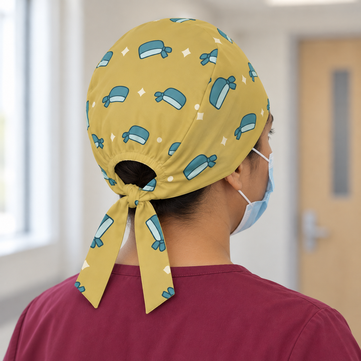 Surgical Cap Regular Scrub Cap — Rear worn view showing the regular scrub cap with gathered opening and printed self-fabric ties.