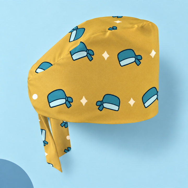 Surgical Cap Regular Scrub Cap — Studio view of the printed regular scrub cap on a coordinated background.