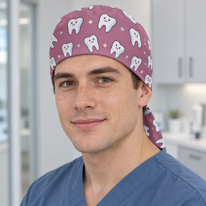 Tooth Regular Scrub Cap — Front worn view showing the printed regular scrub cap and fitted front edge.