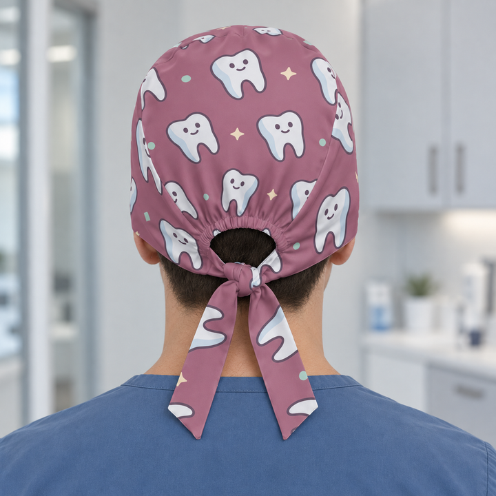 Tooth Regular Scrub Cap — Rear worn view showing the regular scrub cap with gathered opening and printed self-fabric ties.