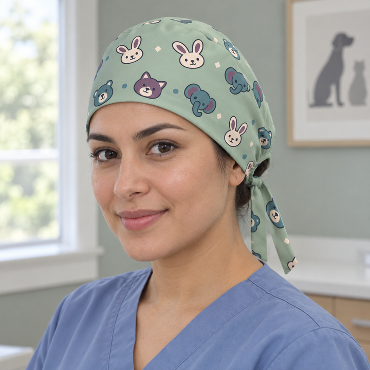 Veterinary Regular Scrub Cap — Front worn view showing the printed regular scrub cap and fitted front edge.