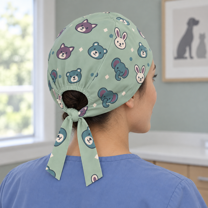 Veterinary Regular Scrub Cap — Rear worn view showing the regular scrub cap with gathered opening and printed self-fabric ties.