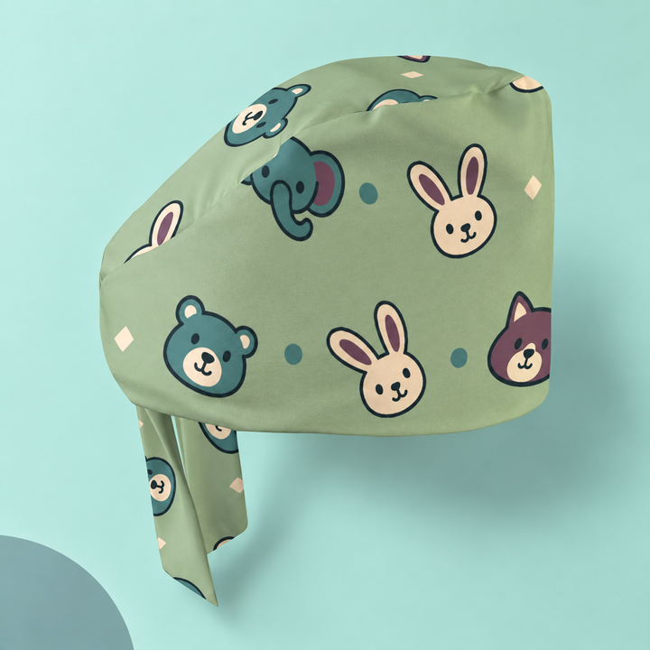 Veterinary Regular Scrub Cap — Studio view of the printed regular scrub cap on a coordinated background.