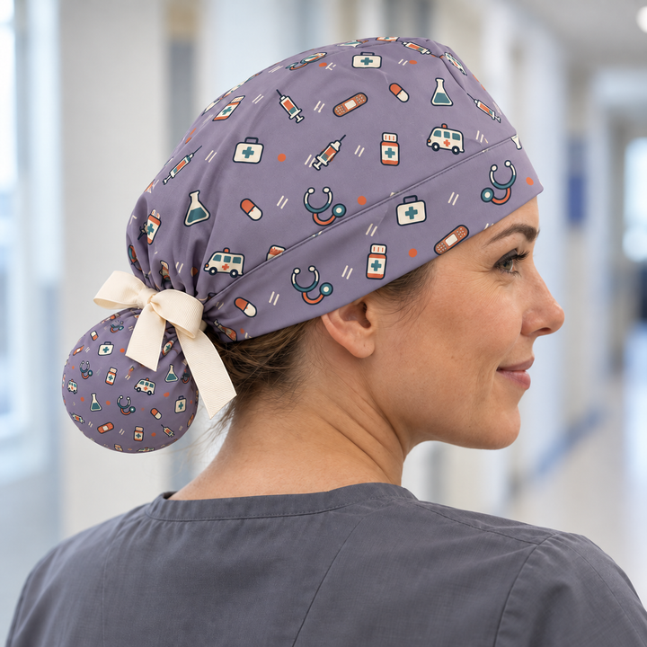 All Medicine ponytail scrub cap worn with plain scrubs in a clinical-setting mockup.
