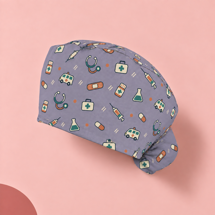 All Medicine Ponytail Scrub Cap — Studio view of the printed cap on a coordinated background.