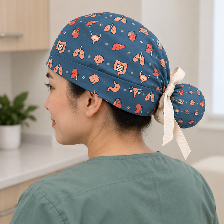 All Organs ponytail scrub cap worn with plain scrubs in a clinical-setting mockup.