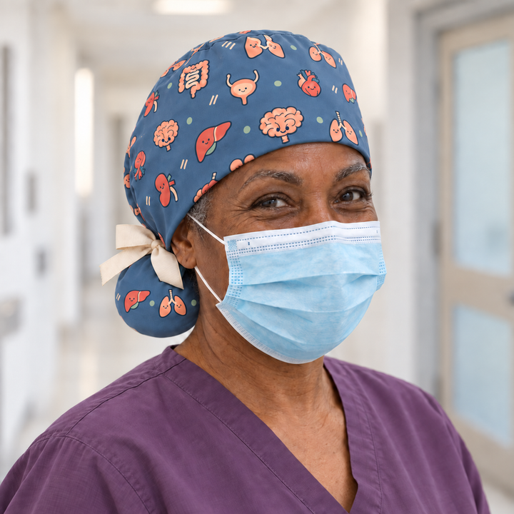 All Organs Ponytail Scrub Cap — Front worn view showing the printed crown and fitted cap band.