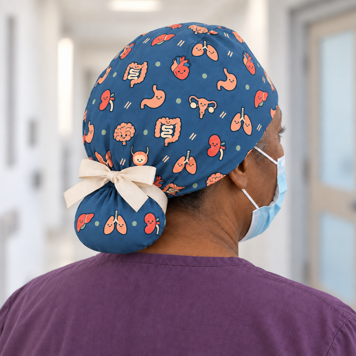 All Organs Ponytail Scrub Cap — Rear worn view showing the printed ponytail pouch and cream ribbon bow.