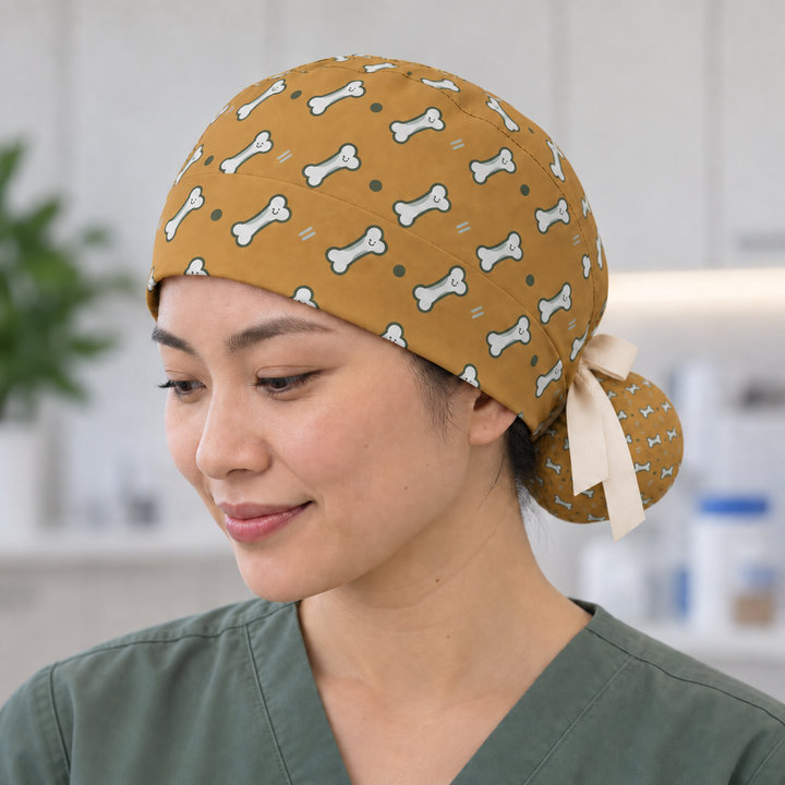 Bone ponytail scrub cap worn with plain scrubs in a clinical-setting mockup.
