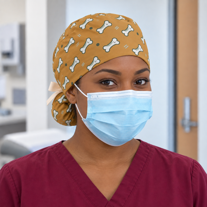 Bone Ponytail Scrub Cap — Front worn view showing the printed crown and fitted cap band.