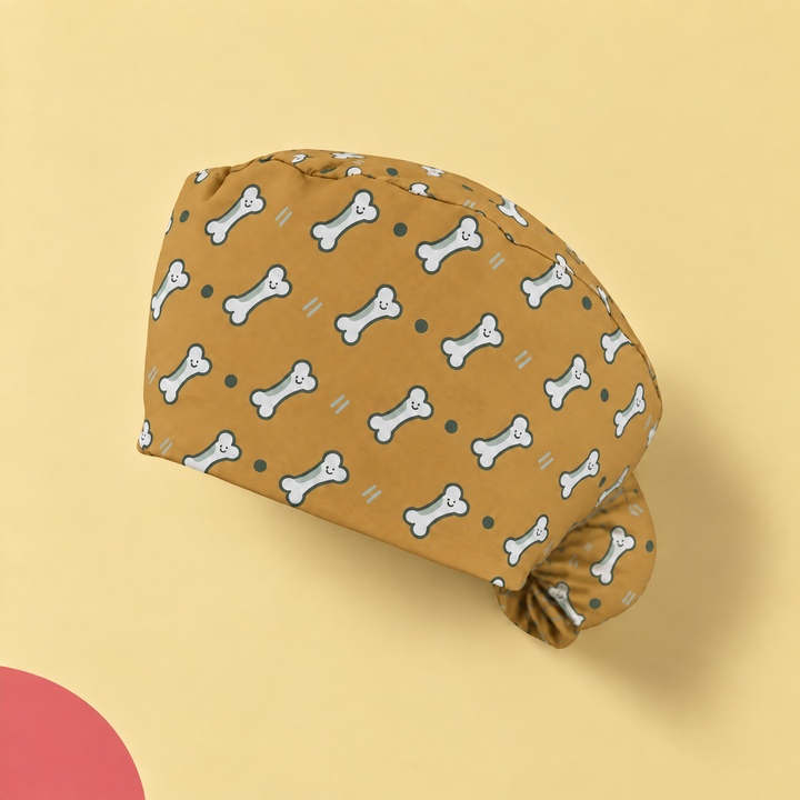 Bone Ponytail Scrub Cap — Studio view of the printed cap on a coordinated background.
