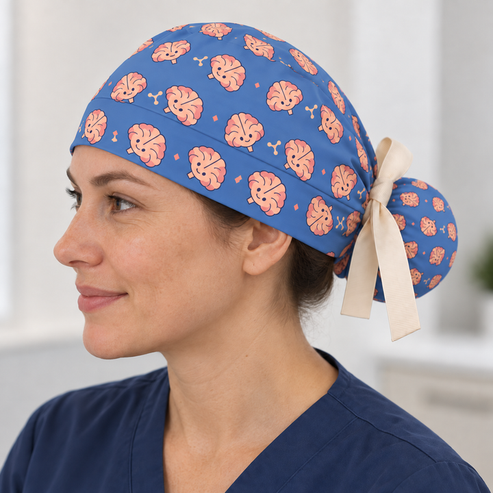 Brain ponytail scrub cap worn with plain scrubs in a clinical-setting mockup.