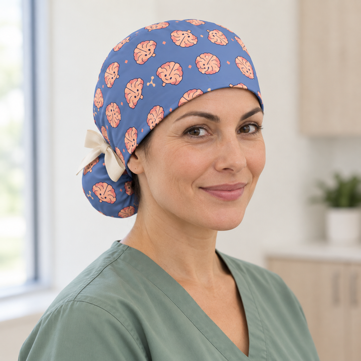Brain Ponytail Scrub Cap — Front worn view showing the printed crown and fitted cap band.