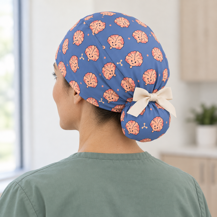 Brain Ponytail Scrub Cap — Rear worn view showing the printed ponytail pouch and cream ribbon bow.