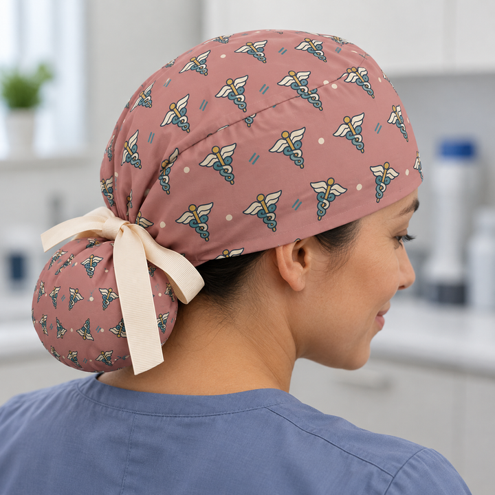 Caduceus ponytail scrub cap worn with plain scrubs in a clinical-setting mockup.